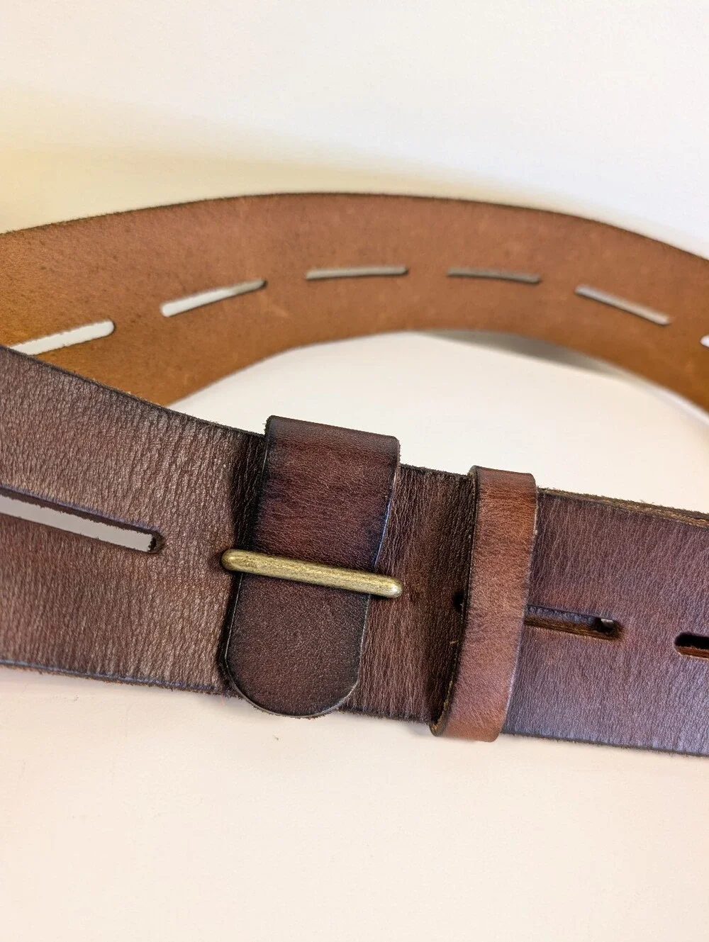 CAbi Here or There Belt 3298 Medium Brown Leather Wide Slotted Brass 45”